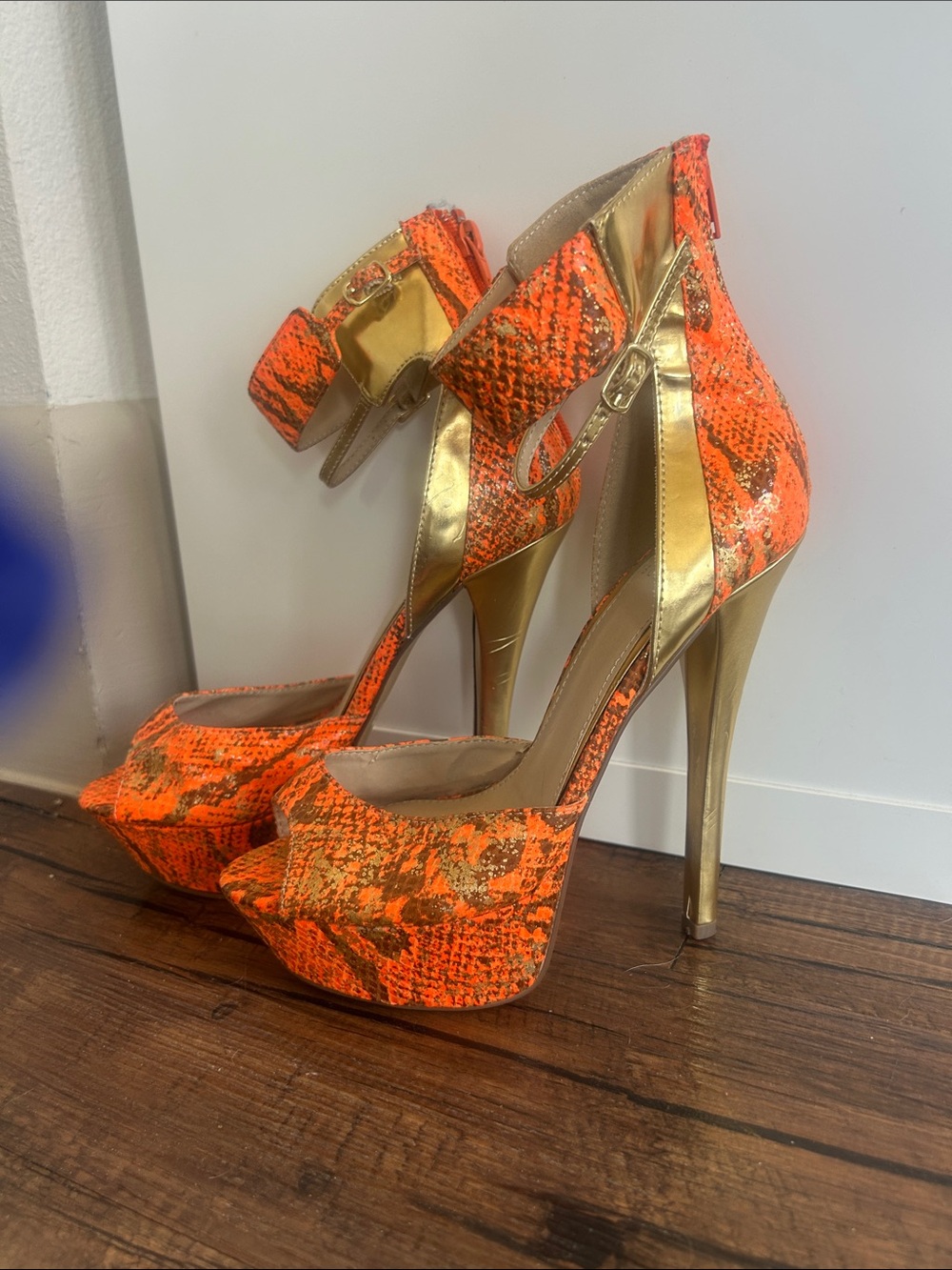 Scene Weaver Neon Orange & Gold Snake-Print Platform Ankle-Strap Heels